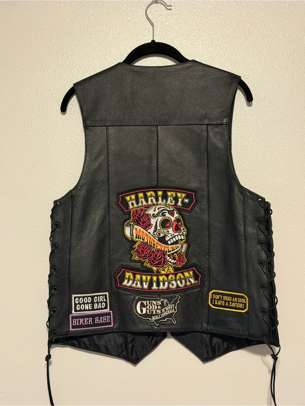 Wilsons Leather Black Motorcycle-Inspired Leather Vest with Patches and Pins